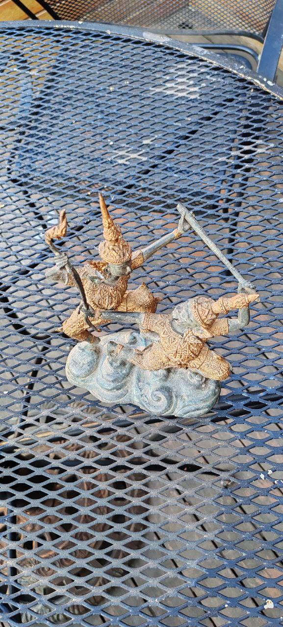 Rare Vintage Temple Warrior Figurine in Gilt Copper – Thai Khon Dancer – 23x18x13 cm