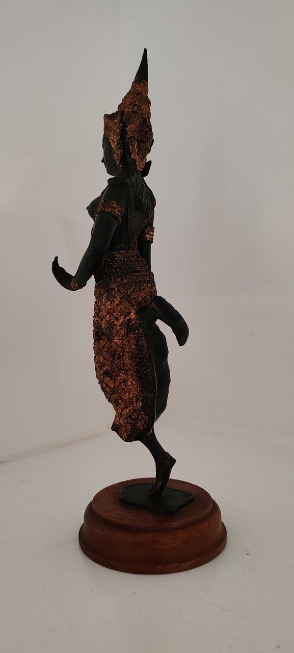 Vintage Thai Temple Guardian Figurine in Gilt Bronze on Wooden Base – 35x11 cm