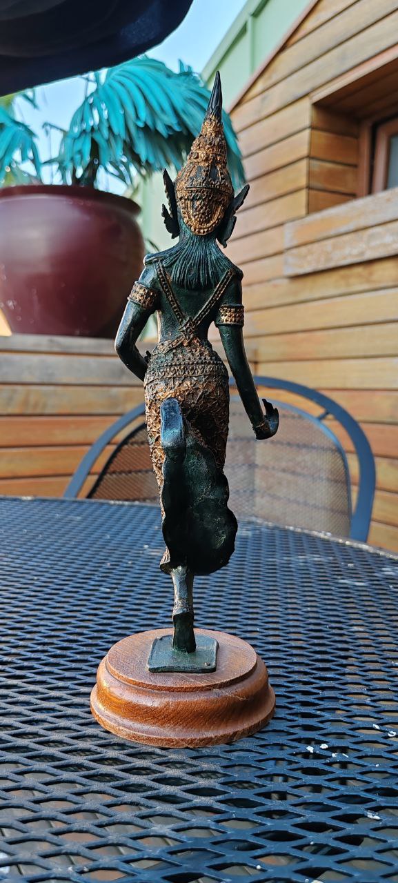 Vintage Thai Temple Guardian Figurine in Gilt Bronze on Wooden Base – 35x11 cm