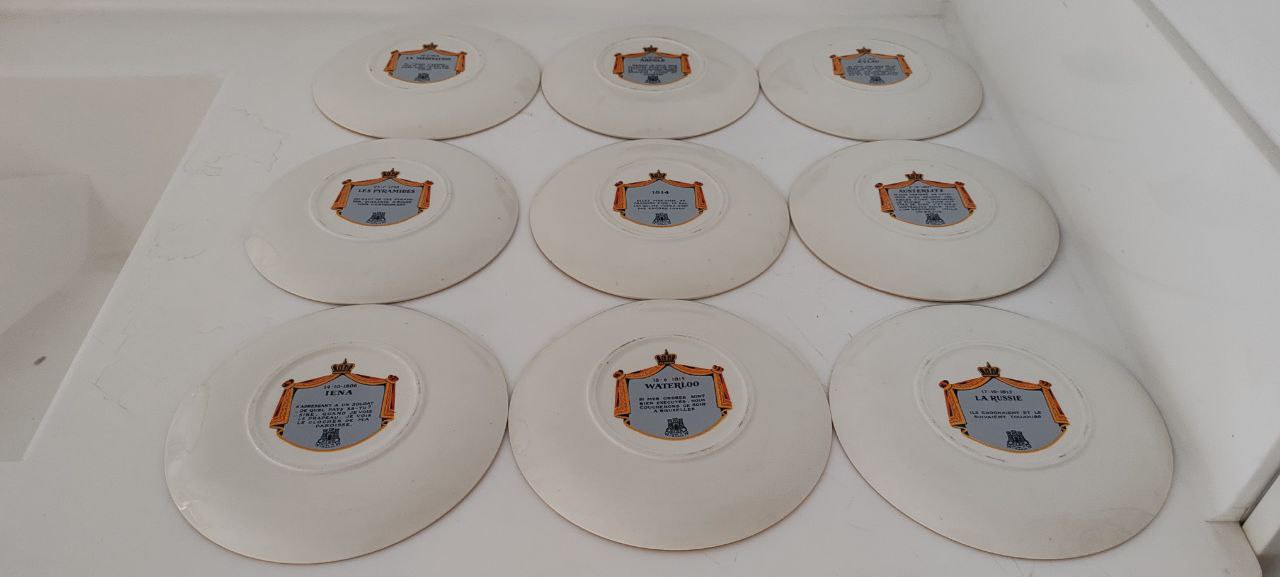 Set of 9 Collector Plates – Napoleon Military Victories – Gien France Porcelain – Gold Rim – 19 cm