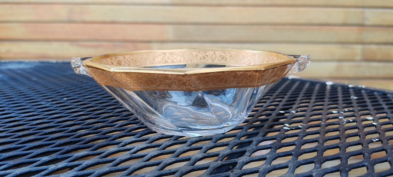 Vintage Czech Crystal Bowl with Gold Enamel Rim – Attributed to Moser – Faceted Handles – 1920s–30s