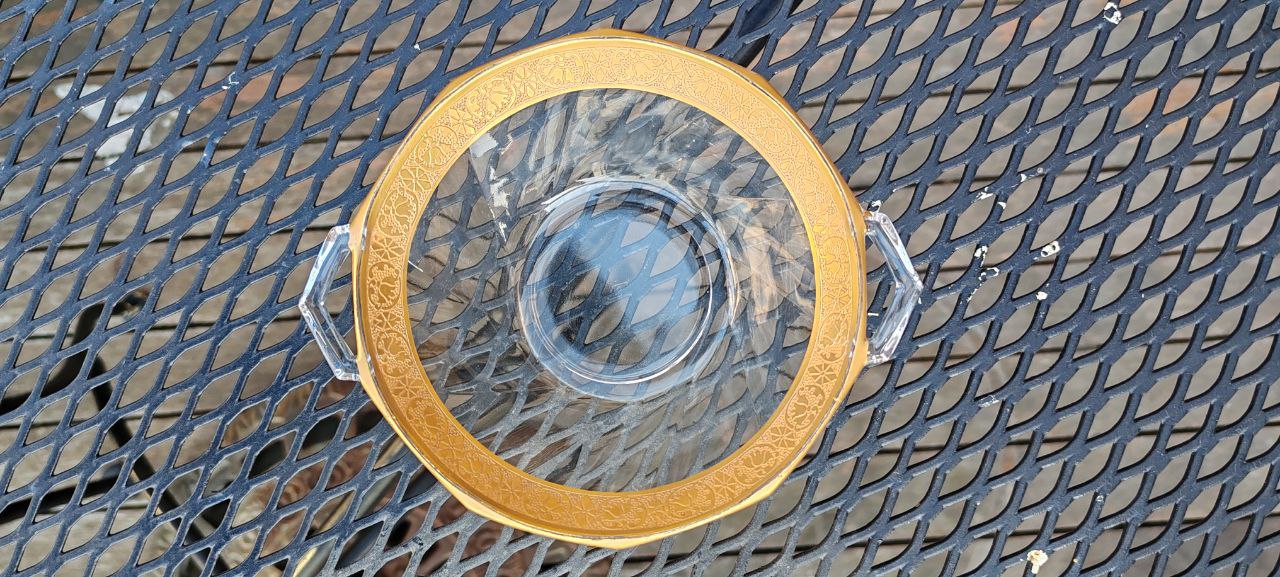 Vintage Czech Crystal Bowl with Gold Enamel Rim – Attributed to Moser – Faceted Handles – 1920s–30s