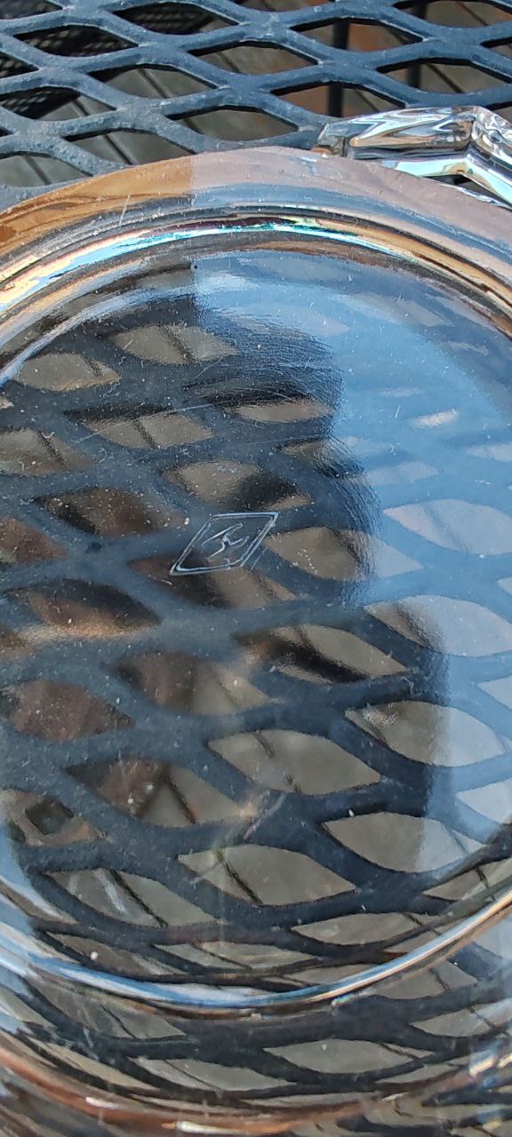 Vintage Czech Crystal Bowl with Gold Enamel Rim – Attributed to Moser – Faceted Handles – 1920s–30s