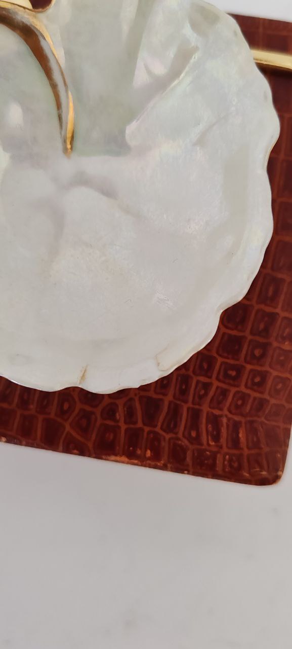 Vintage Limoges France Signed Porcelain & Mother of Pearl Dish Set – Gilded Miniature Server with Spoon – Original Box – 16x9x5 cm