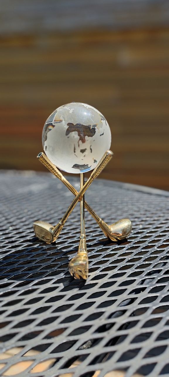 Crystal Globe on Brass Golf Club Stand – Vintage Desk Ornament