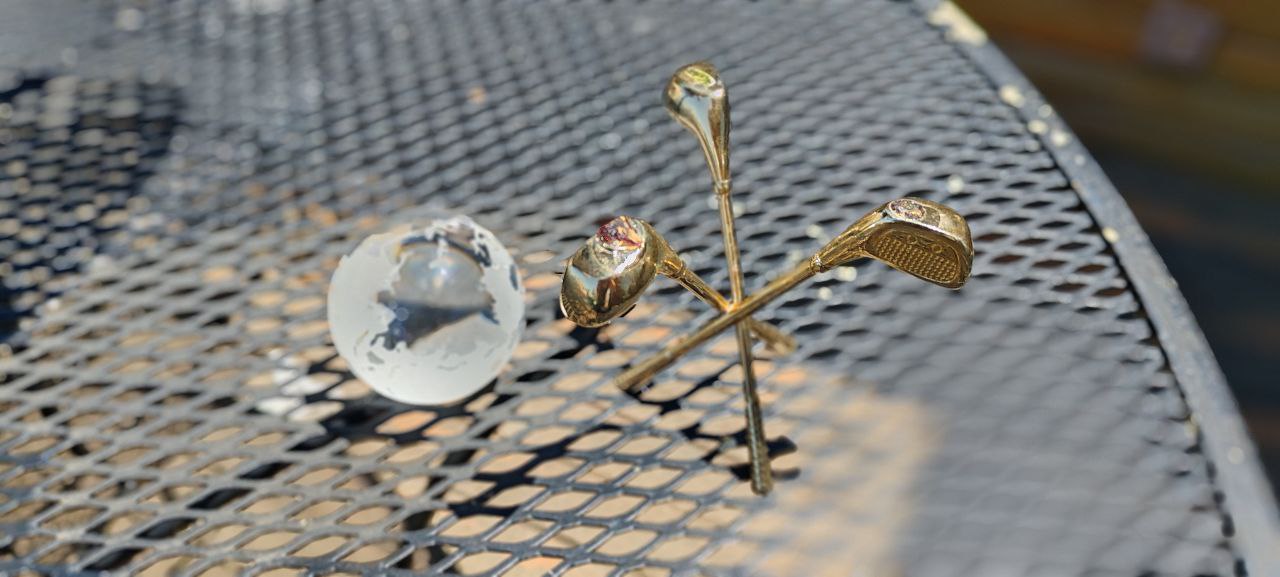 Crystal Globe on Brass Golf Club Stand – Vintage Desk Ornament