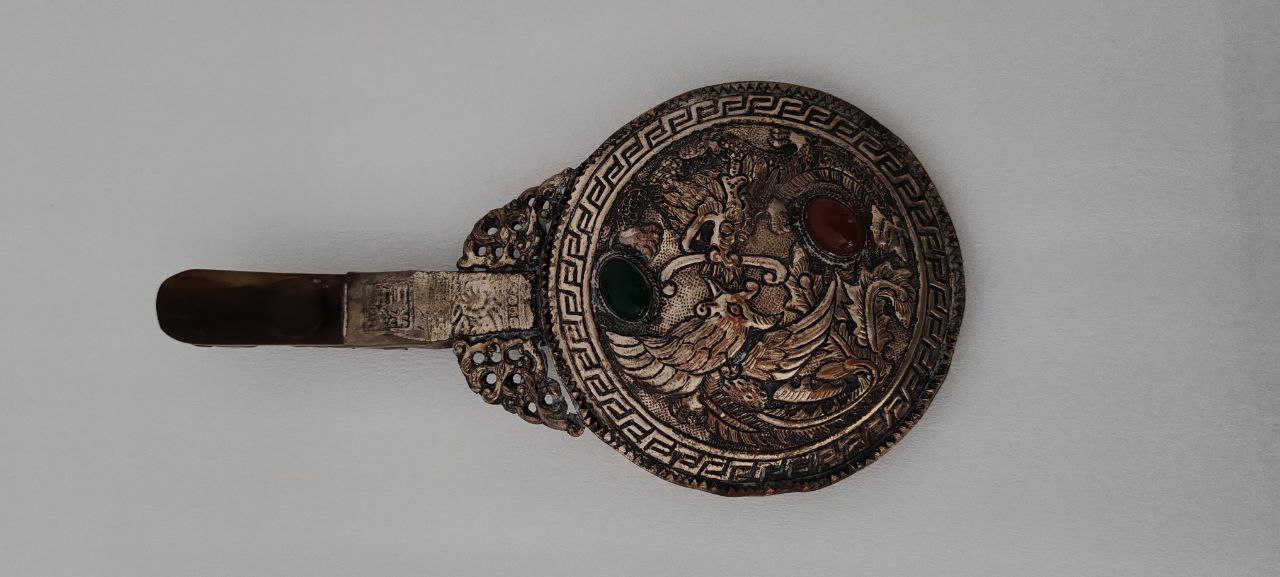 Vintage Asian Hand Mirror – Dragon Motif with Jade Handle, 22x11 cm