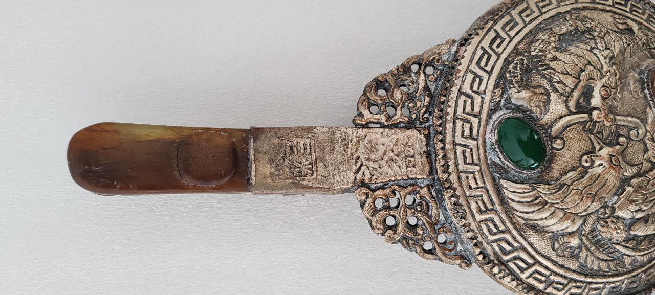 Vintage Asian Hand Mirror – Dragon Motif with Jade Handle, 22x11 cm