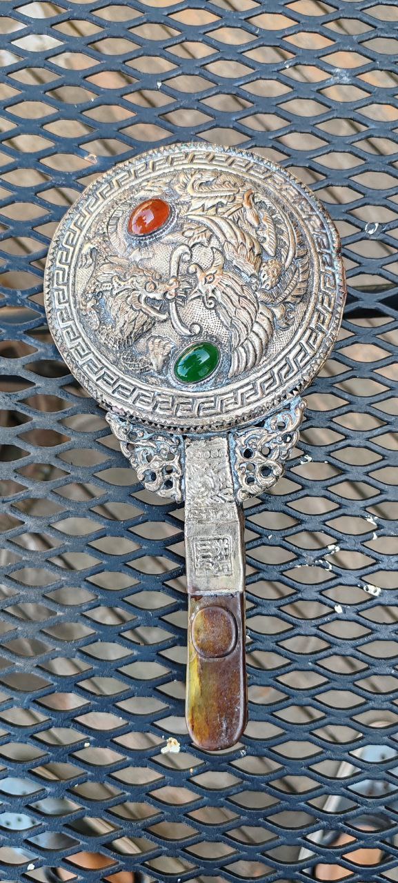 Vintage Asian Hand Mirror – Dragon Motif with Jade Handle, 22x11 cm