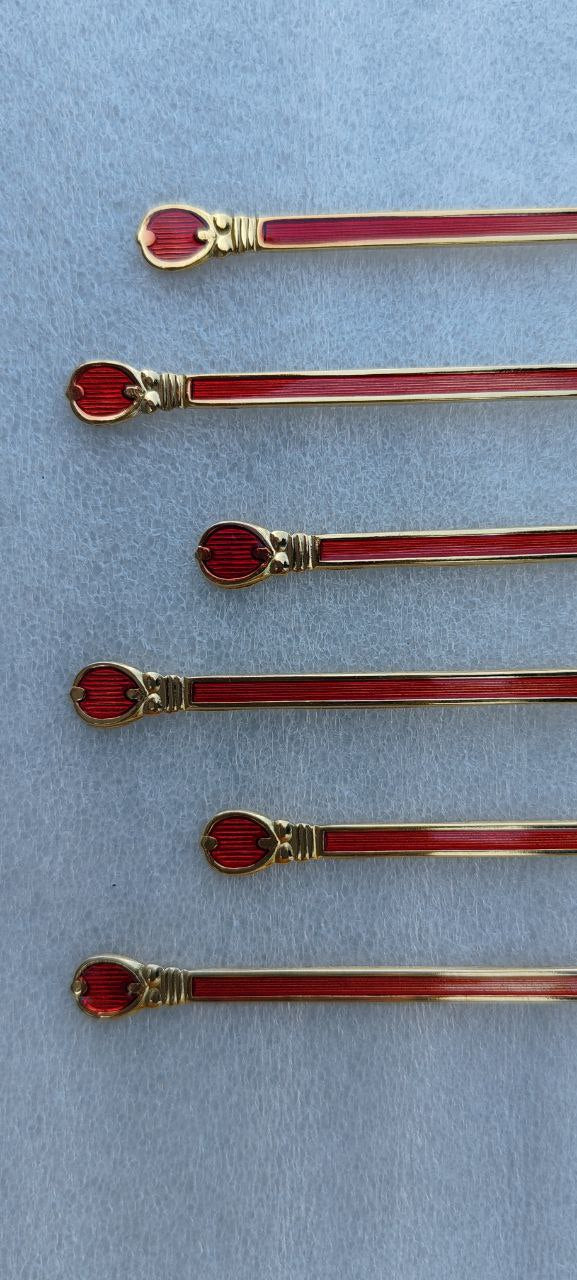 Set of 6 Vintage Japanese Red Enamel Cocktail / Hors d'Oeuvre Forks – 12 cm – Gold-Tone Finish