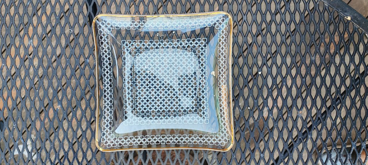 Vintage German Square Glass Plate – 19x19 cm – Intricate White Lattice Design – Excellent Condition