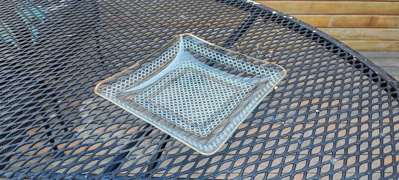 Vintage German Square Glass Plate – 19x19 cm – Intricate White Lattice Design – Excellent Condition