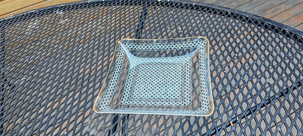 Vintage German Square Glass Plate – 19x19 cm – Intricate White Lattice Design – Excellent Condition