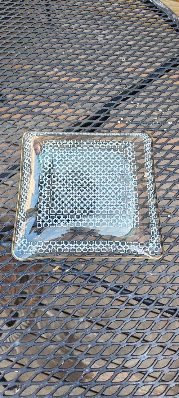 Vintage German Square Glass Plate – 19x19 cm – Intricate White Lattice Design – Excellent Condition