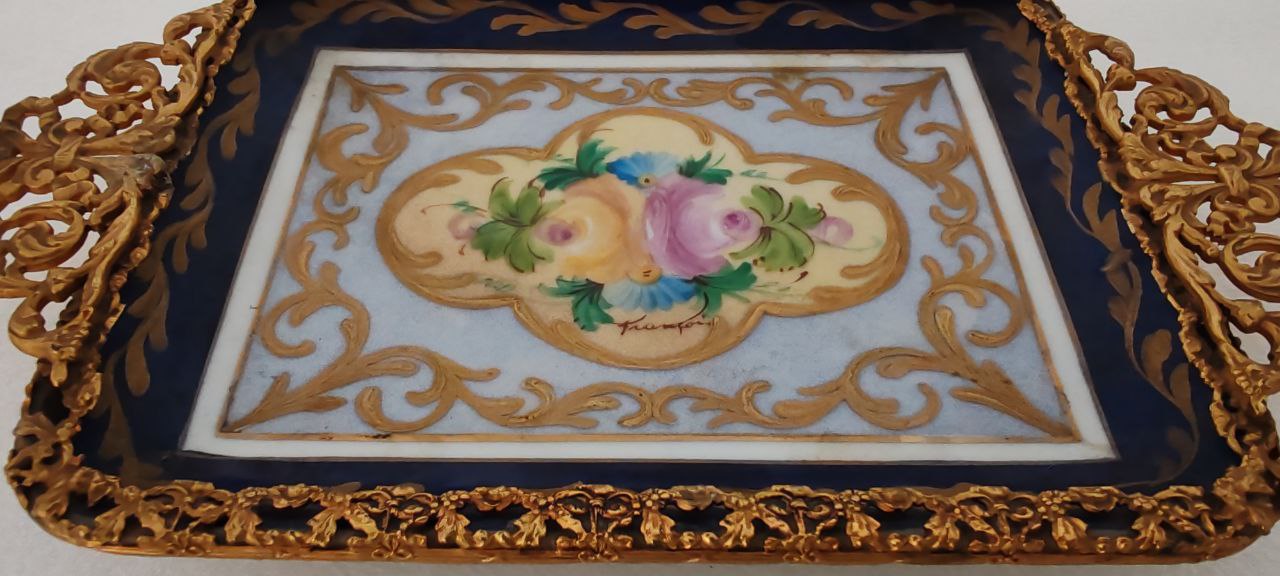 Antique Limoges France Hand Painted Porcelain Tray with Gilded Bronze Handles