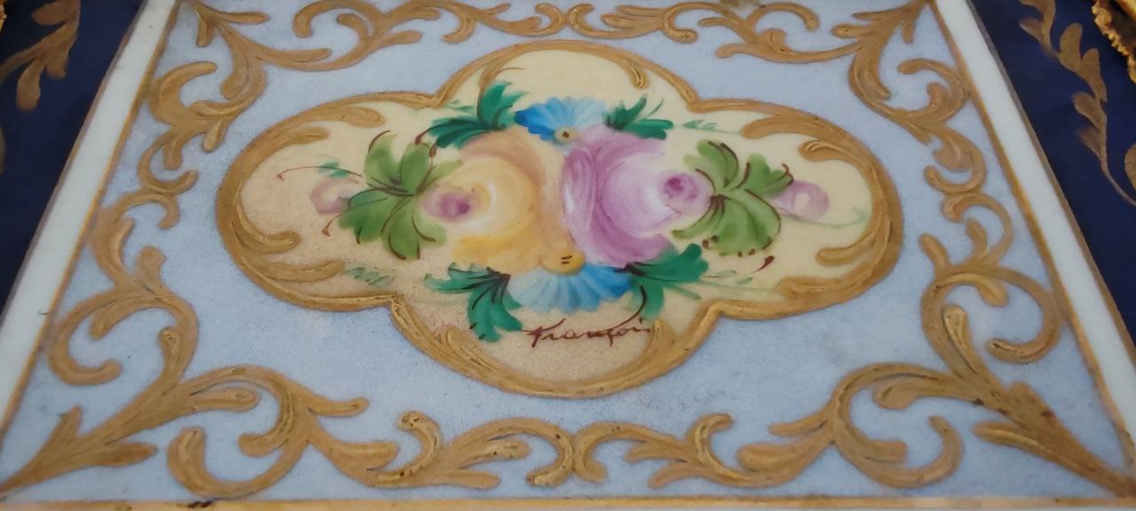 Antique Limoges France Hand Painted Porcelain Tray with Gilded Bronze Handles