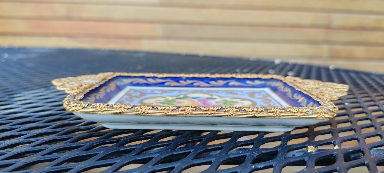 Antique Limoges France Hand Painted Porcelain Tray with Gilded Bronze Handles
